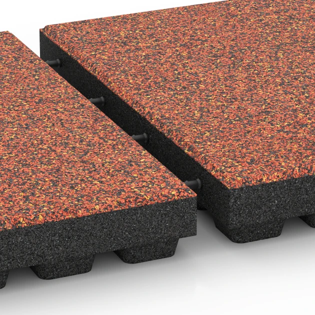 Großaufnahme vom Verbindungssystem von WARCO-Boden 6444 - Playground safety tile – CFH 210 cm im Farbdesign Embers. Abmessungen 50 x 50 x 7 cm.