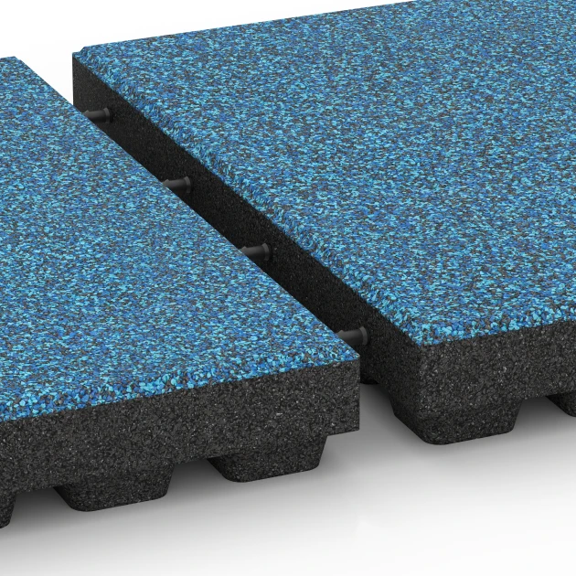 Großaufnahme vom Verbindungssystem von WARCO-Boden 6447 - Playground safety tile – CFH 210 cm im Farbdesign Atlantic. Abmessungen 50 x 50 x 7 cm.