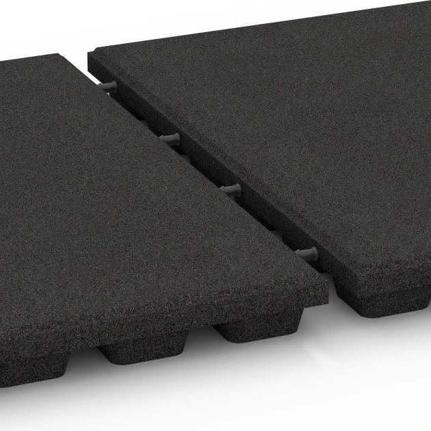 Großaufnahme vom Verbindungssystem von WARCO-Boden 6135 - Playground safety tile – CFH 170 cm im Farbdesign Anthracite. Abmessungen 50 x 50 x 4,8 cm.