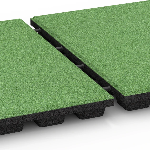 Großaufnahme vom Verbindungssystem von WARCO-Boden 6137 - Playground safety tile – CFH 170 cm im Farbdesign Linden green. Abmessungen 50 x 50 x 4,8 cm.