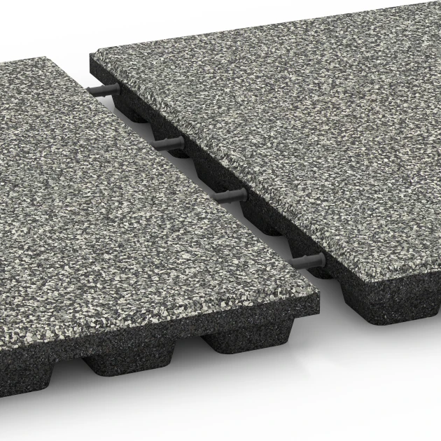 Großaufnahme vom Verbindungssystem von WARCO-Boden 6432 - Playground safety tile – CFH 160 cm im Farbdesign Grey Granite. Abmessungen 50 x 50 x 4,8 cm.