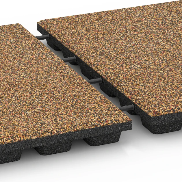 Großaufnahme vom Verbindungssystem von WARCO-Boden 6434 - Playground safety tile – CFH 160 cm im Farbdesign Terracotta. Abmessungen 50 x 50 x 4,8 cm.
