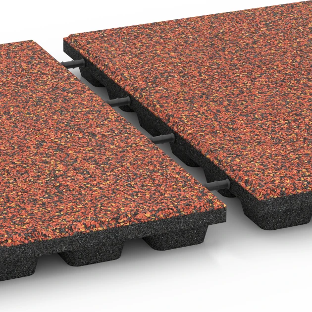 Großaufnahme vom Verbindungssystem von WARCO-Boden 6435 - Playground safety tile – CFH 160 cm im Farbdesign Embers. Abmessungen 50 x 50 x 4,8 cm.
