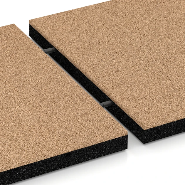Großaufnahme vom Verbindungssystem von WARCO-Boden 6225 - Playground Safety Tiles im Farbdesign Sand beige. Abmessungen 50 x 50 x 4,5 cm.
