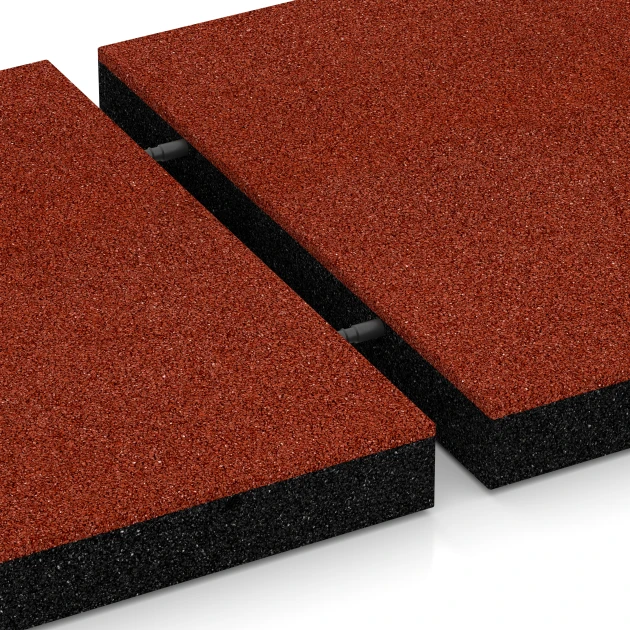 Großaufnahme vom Verbindungssystem von WARCO-Boden 6266 - Playground safety tile – 180 cm im Farbdesign Brick red. Abmessungen 50 x 50 x 6 cm.