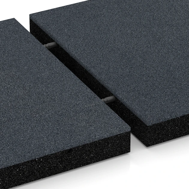 Großaufnahme vom Verbindungssystem von WARCO-Boden 6269 - Playground safety tile – 180 cm im Farbdesign Slate grey. Abmessungen 50 x 50 x 6 cm.