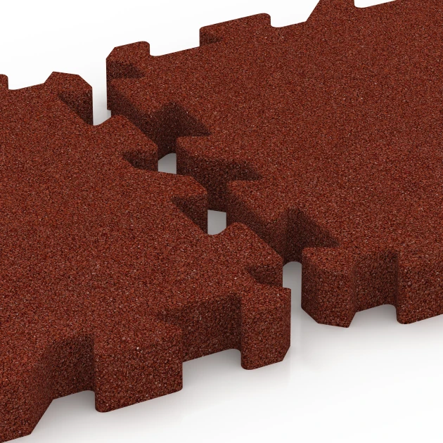 Großaufnahme vom Verbindungssystem von WARCO-Boden 6310 - Interlocking playground safety tile im Farbdesign Brick red. Abmessungen 50 x 50 x 6 cm | 0,25 m².