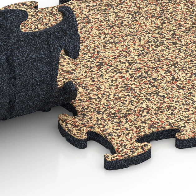 Großaufnahme vom Verbindungssystem von WARCO-Boden 6781 - Gym Floor Tiles im Farbdesign Terracotta. Abmessungen 44,6 x 44,6 x 1,8 cm.