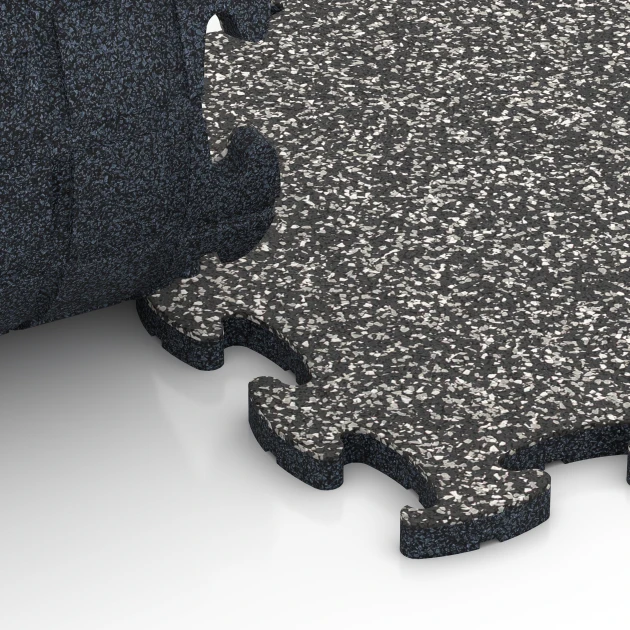 Großaufnahme vom Verbindungssystem von WARCO-Boden 6823 - Fitness Active Floor System im Farbdesign Dark Grey Granite. Abmessungen 44,6 x 44,6 x 1,8 cm.