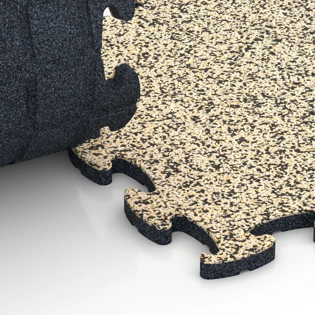 Großaufnahme vom Verbindungssystem von WARCO-Boden 6829 - Fitness Active Floor System im Farbdesign Travertine. Abmessungen 44,6 x 44,6 x 1,8 cm.