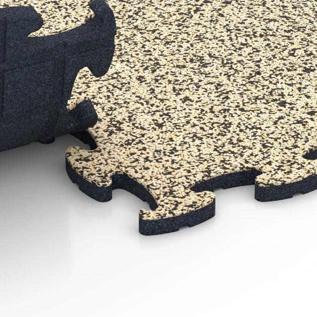 Großaufnahme vom Verbindungssystem von WARCO-Boden 6865 - Fitness Max Floor System im Farbdesign Travertine. Abmessungen 44,6 x 44,6 x 1,8 cm.