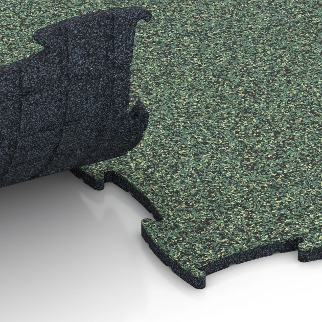 Großaufnahme vom Verbindungssystem von WARCO-Boden 6807 - Dog Agility Flooring im Farbdesign English Lawn. Abmessungen 97,1 x 97,1 × 1,8 cm.