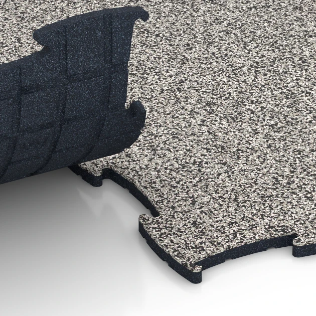Großaufnahme vom Verbindungssystem von WARCO-Boden 6923 - Exhibition Click Floor Tile im Farbdesign Grey Granite. Abmessungen 97,1 x 97,1 × 1,8 cm.