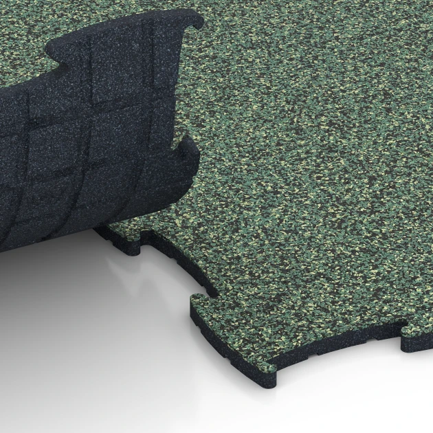 Großaufnahme vom Verbindungssystem von WARCO-Boden 6870 - Fitness Max Floor System im Farbdesign English Lawn. Abmessungen 97,1 x 97,1 × 1,8 cm.