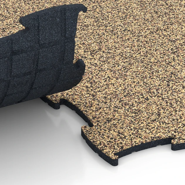 Großaufnahme vom Verbindungssystem von WARCO-Boden 6930 - Exhibition Click Floor Tile im Farbdesign Rattan. Abmessungen 97,1 x 97,1 × 1,8 cm.