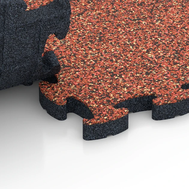 Großaufnahme vom Verbindungssystem von WARCO-Boden 6845 - Fitness Active Floor System im Farbdesign Embers. Abmessungen 44,6 x 44,6 × 2,8 cm.