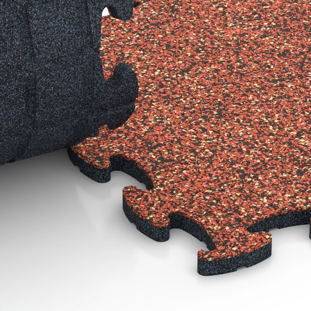 Großaufnahme vom Verbindungssystem von WARCO-Boden 6818 - Stone Carpet Click Tile im Farbdesign Embers. Abmessungen 28,9 x 28,9 x 1,8 cm.