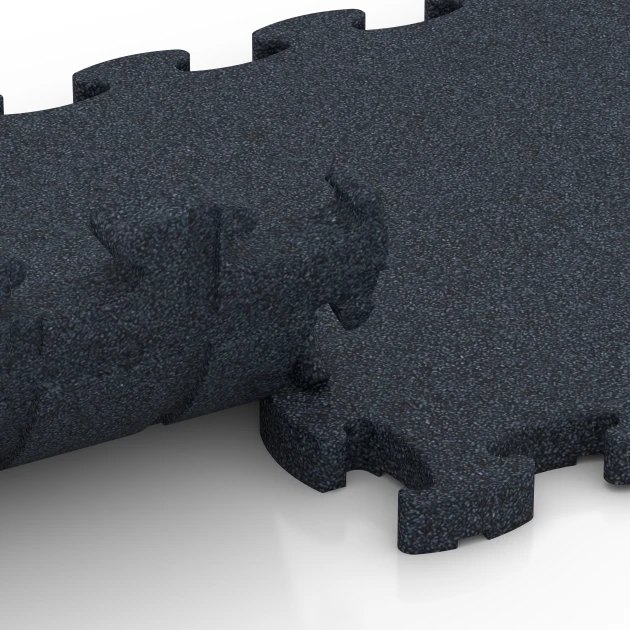 Großaufnahme vom Verbindungssystem von WARCO-Boden 6964 - Fitness Premium Performance Flooring im Farbdesign Anthracite. Abmessungen 28,9 x 28,9 x 1,8 cm.