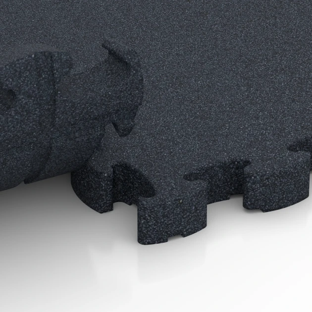 Großaufnahme vom Verbindungssystem von WARCO-Boden 6965 - Fitness Premium Performance Flooring im Farbdesign Anthracite. Abmessungen 28,9 x 28,9 x 2,8 cm.