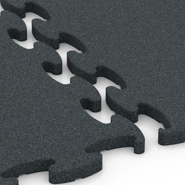 Großaufnahme vom Verbindungssystem von WARCO-Boden 6966 - Fitness Premium Performance Flooring im Farbdesign Anthracite. Abmessungen 45,9 x 45,9 x 1,8.