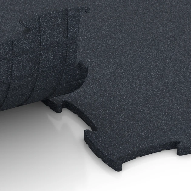 Großaufnahme vom Verbindungssystem von WARCO-Boden 6968 - Fitness Premium Performance Flooring im Farbdesign Anthracite. Abmessungen 99 x 99 x 1,8 cm.