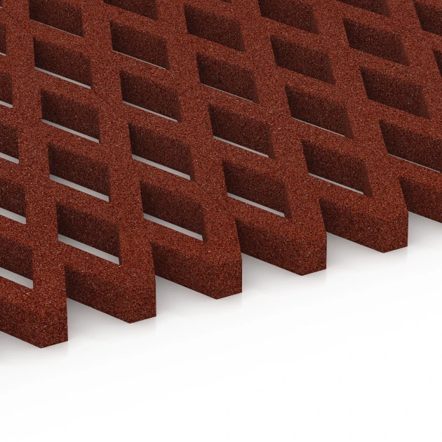 Großaufnahme vom Verbindungssystem von WARCO-Boden 7010 - Safety Grass Grid Mat im Farbdesign Brick red. Abmessungen 100 x 100 x 4 cm.