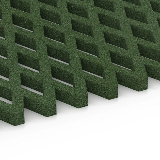 Großaufnahme vom Verbindungssystem von WARCO-Boden 7011 - Safety Grass Grid Mat im Farbdesign Grass green. Abmessungen 100 x 100 x 4 cm.