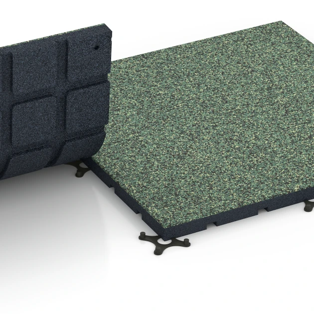 Großaufnahme vom Verbindungssystem von WARCO-Boden 7134 - Outdoor Gym Flooring im Farbdesign English lawn. Abmessungen 60 x 60 x 3 cm | 0,36 m².