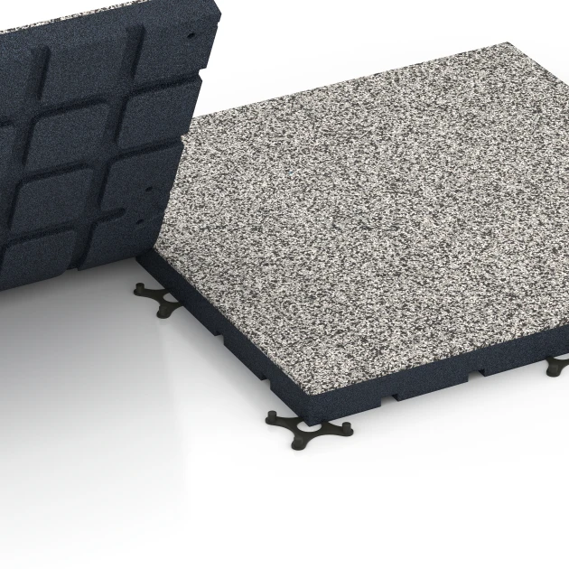 Großaufnahme vom Verbindungssystem von WARCO-Boden 7142 - Outdoor Gym Flooring im Farbdesign Grey granite. Abmessungen 60 x 60 x 4 cm | 0,36 m².