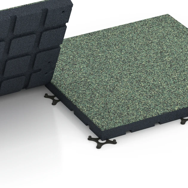 Großaufnahme vom Verbindungssystem von WARCO-Boden 7143 - Outdoor Gym Flooring im Farbdesign English lawn. Abmessungen 60 x 60 x 4 cm | 0,36 m².
