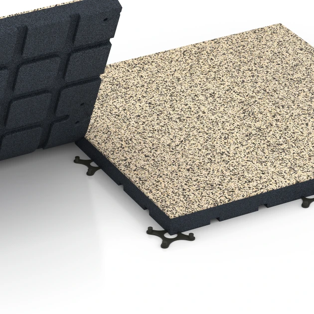 Großaufnahme vom Verbindungssystem von WARCO-Boden 7147 - Outdoor Gym Flooring im Farbdesign Travertine. Abmessungen 60 x 60 x 4 cm | 0,36 m².