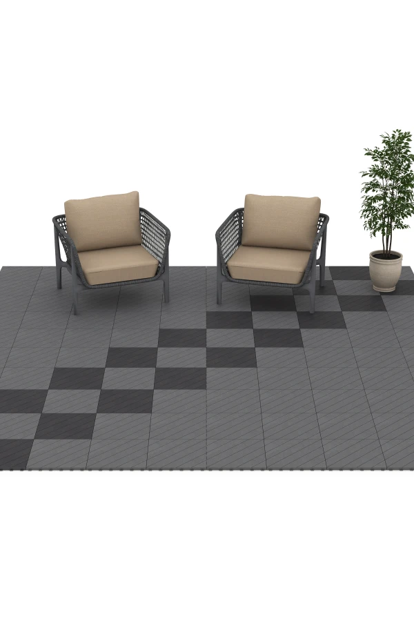 Beispielhafte Verlegung für den Artikel 6326 von WARCO - Herringbone – Deck Tile, Farbton Silver Grey in der Abmessung 38,5 x 38,5 x 2 cm.