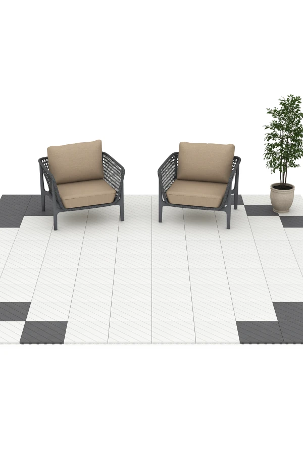 Beispielhafte Verlegung für den Artikel 6328 von WARCO - Herringbone – Deck Tile, Farbton Chalk in der Abmessung 38,5 x 38,5 x 2 cm.