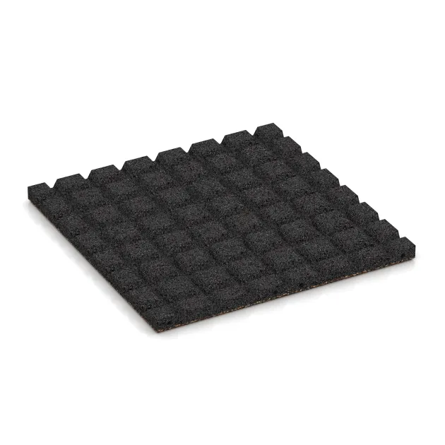 Aufsicht auf die Unterseite, also die Bodenseite von WARCO-Formteil 5332 - Playground safety tile im Format 500 x 500 x 30 mm.