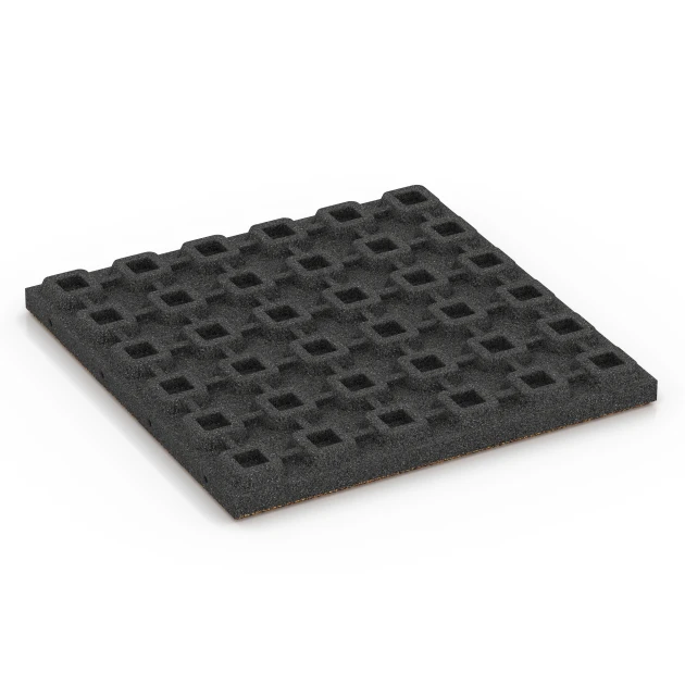 Aufsicht auf die Unterseite, also die Bodenseite von WARCO-Formteil 6425 - Playground safety tile – CFH 120 cm im Format 50 x 50 x 4 cm.