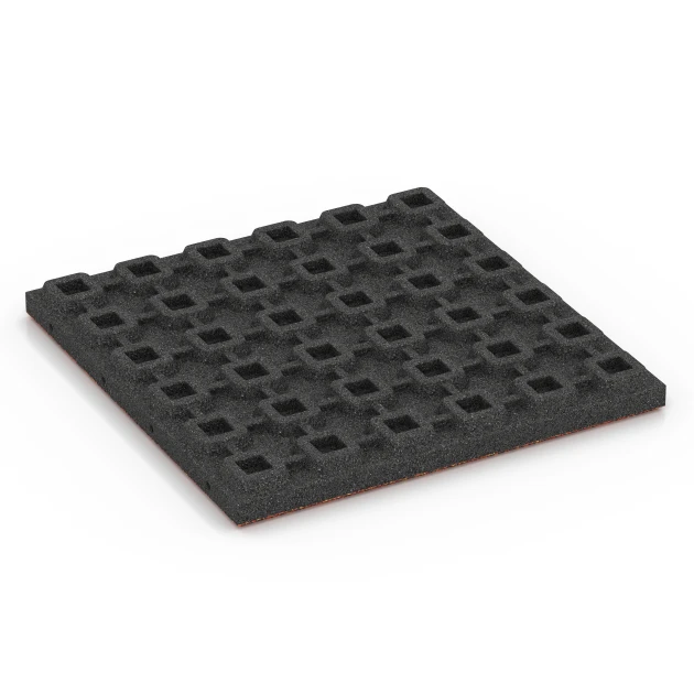 Aufsicht auf die Unterseite, also die Bodenseite von WARCO-Formteil 6426 - Playground safety tile – CFH 120 cm im Format 50 x 50 x 4 cm.