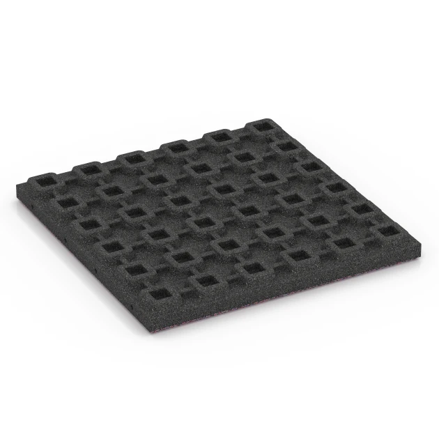 Aufsicht auf die Unterseite, also die Bodenseite von WARCO-Formteil 6427 - Playground safety tile – CFH 120 cm im Format 50 x 50 x 4 cm.