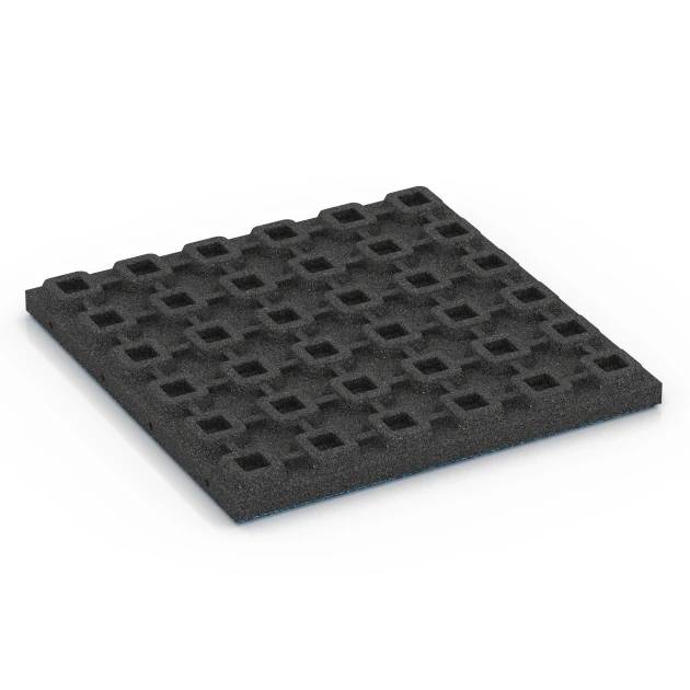 Aufsicht auf die Unterseite, also die Bodenseite von WARCO-Formteil 6429 - Playground safety tile – CFH 120 cm im Format 50 x 50 x 4 cm.