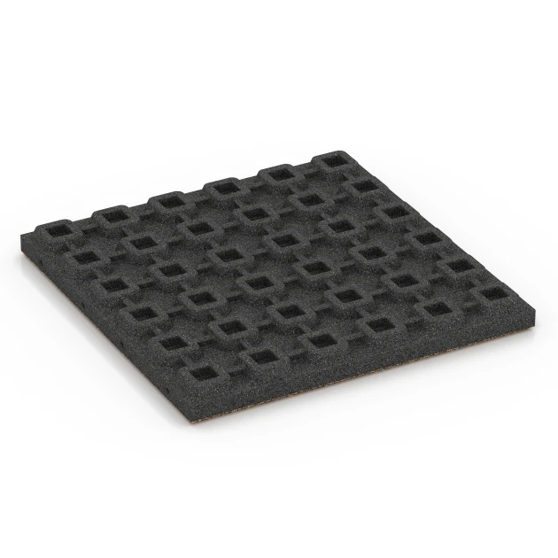 Aufsicht auf die Unterseite, also die Bodenseite von WARCO-Formteil 6430 - Playground safety tile – CFH 120 cm im Format 50 x 50 x 4 cm.