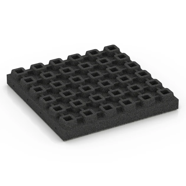 Aufsicht auf die Unterseite, also die Bodenseite von WARCO-Formteil 6441 - Playground safety tile – CFH 210 cm im Format 50 x 50 x 7 cm.