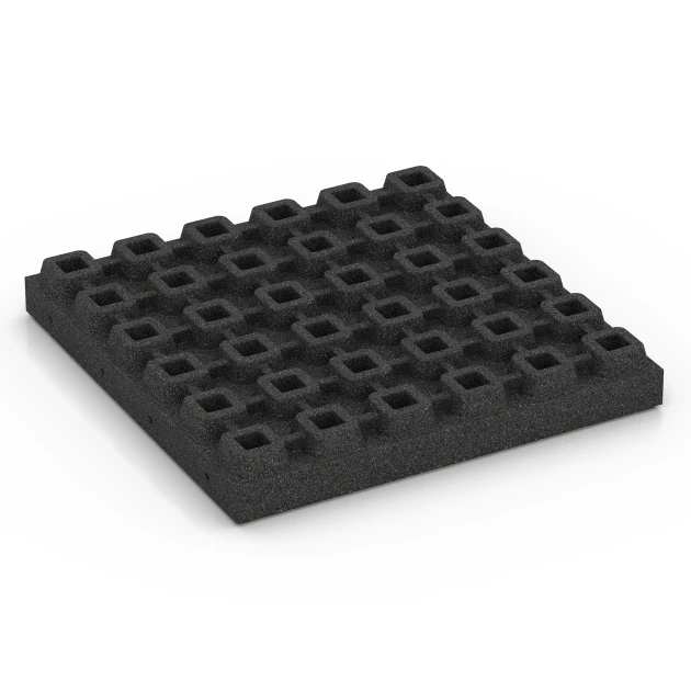 Aufsicht auf die Unterseite, also die Bodenseite von WARCO-Formteil 6442 - Playground safety tile – CFH 210 cm im Format 50 x 50 x 7 cm.
