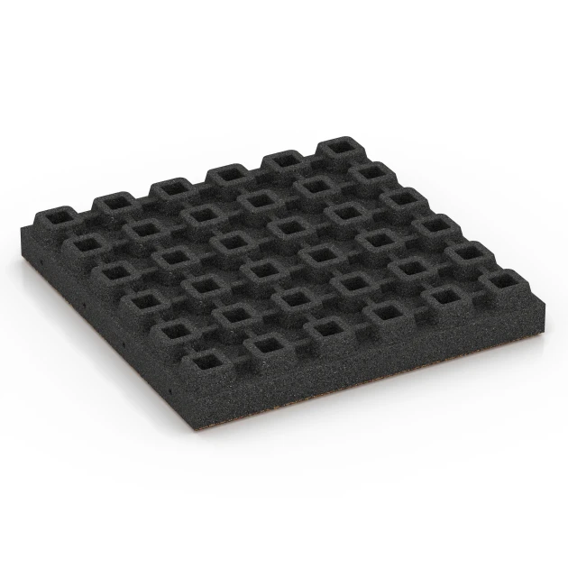 Aufsicht auf die Unterseite, also die Bodenseite von WARCO-Formteil 6443 - Playground safety tile – CFH 210 cm im Format 50 x 50 x 7 cm.