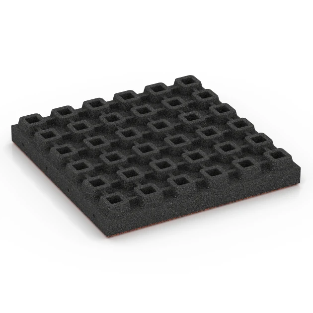 Aufsicht auf die Unterseite, also die Bodenseite von WARCO-Formteil 6444 - Playground safety tile – CFH 210 cm im Format 50 x 50 x 7 cm.