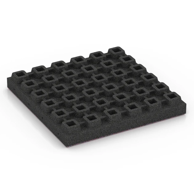Aufsicht auf die Unterseite, also die Bodenseite von WARCO-Formteil 6445 - Playground safety tile – CFH 210 cm im Format 50 x 50 x 7 cm.