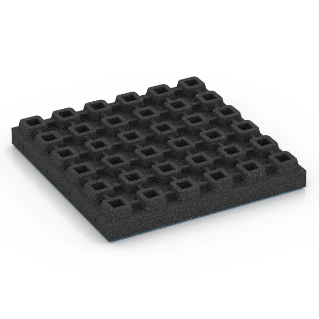 Aufsicht auf die Unterseite, also die Bodenseite von WARCO-Formteil 6447 - Playground safety tile – CFH 210 cm im Format 50 x 50 x 7 cm.