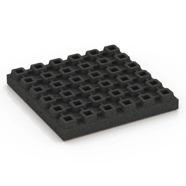 Aufsicht auf die Unterseite, also die Bodenseite von WARCO-Formteil 6448 - Playground safety tile – CFH 210 cm im Format 50 x 50 x 7 cm.