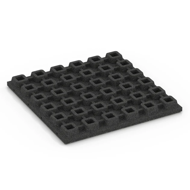 Aufsicht auf die Unterseite, also die Bodenseite von WARCO-Formteil 6431 - Playground safety tile – CFH 160 cm im Format 50 x 50 x 4,8 cm.
