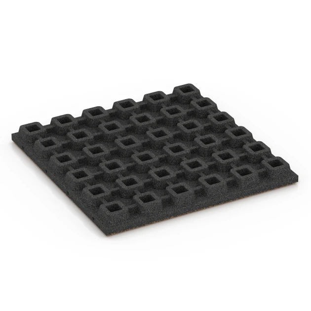 Aufsicht auf die Unterseite, also die Bodenseite von WARCO-Formteil 6434 - Playground safety tile – CFH 160 cm im Format 50 x 50 x 4,8 cm.