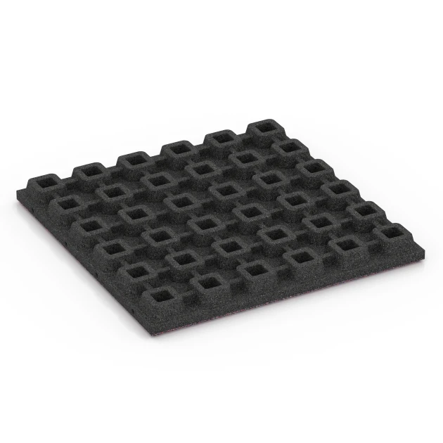 Aufsicht auf die Unterseite, also die Bodenseite von WARCO-Formteil 6436 - Playground safety tile – CFH 160 cm im Format 50 x 50 x 4,8 cm.