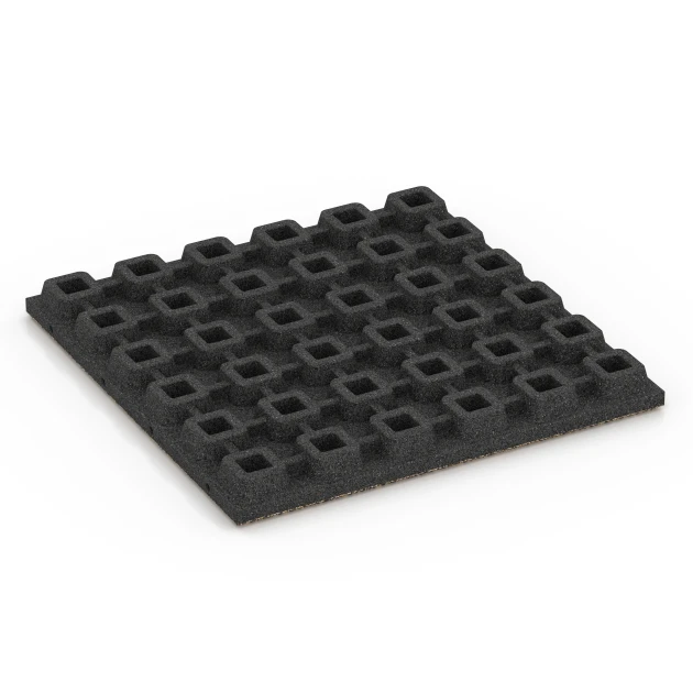 Aufsicht auf die Unterseite, also die Bodenseite von WARCO-Formteil 6437 - Playground safety tile – CFH 160 cm im Format 50 x 50 x 4,8 cm.